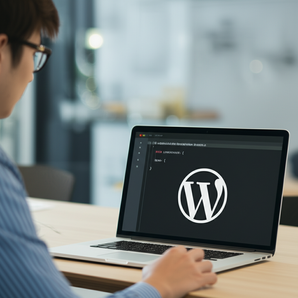 パソコンで作業する人 WordPressロゴ表示